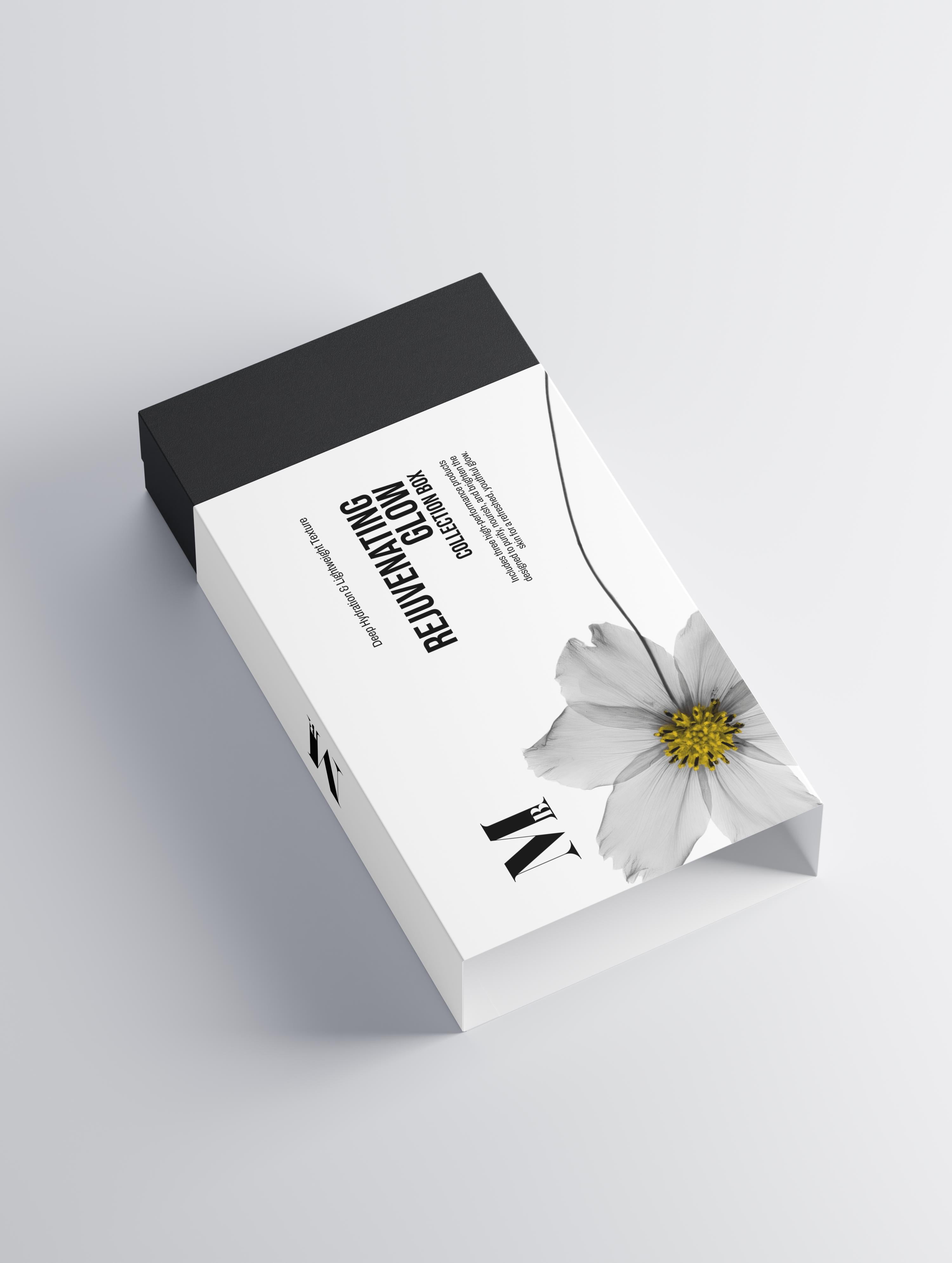Product packaging with a flower on a light gray background