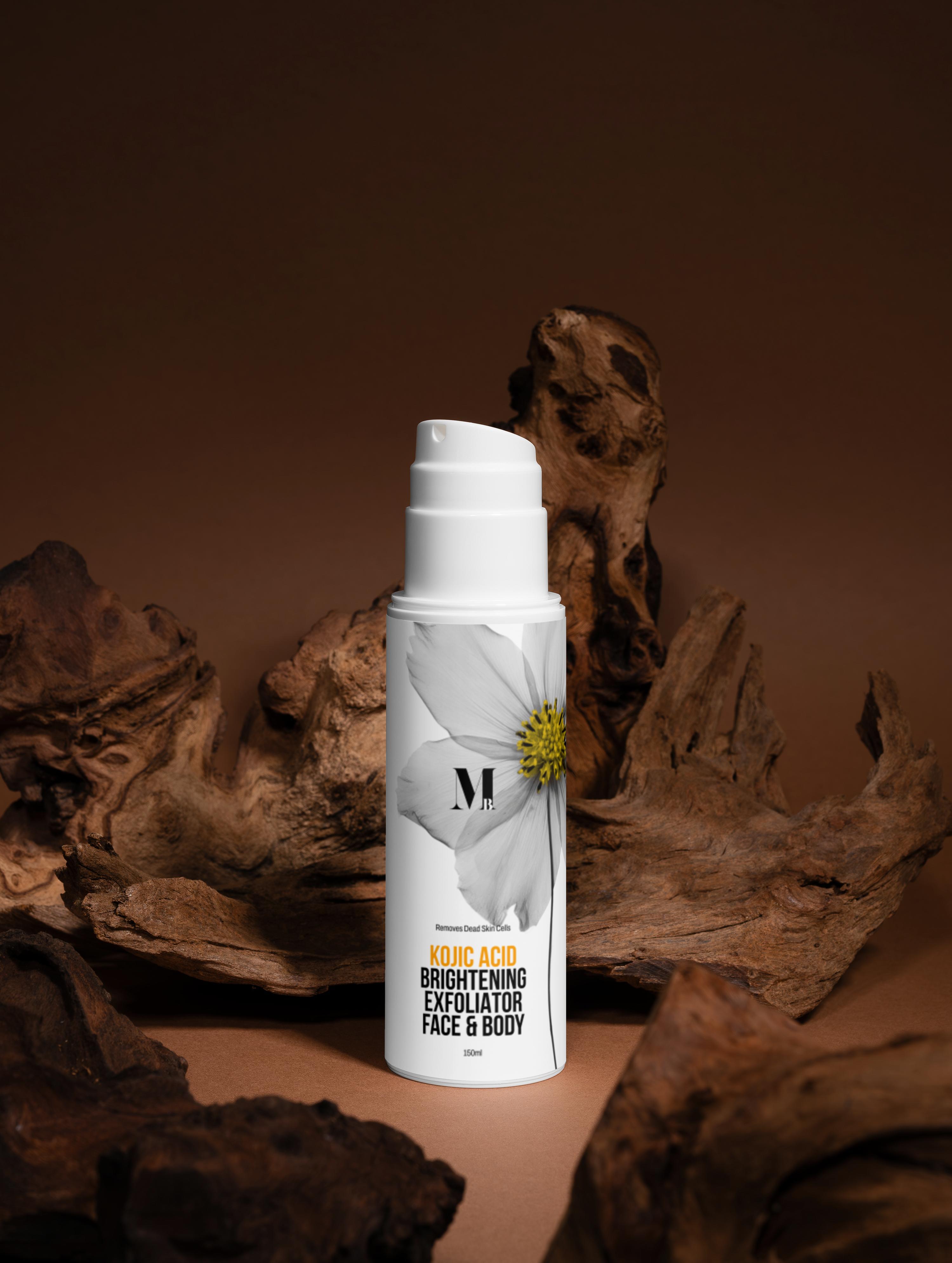 White skincare product bottle with brand logo on a brown background