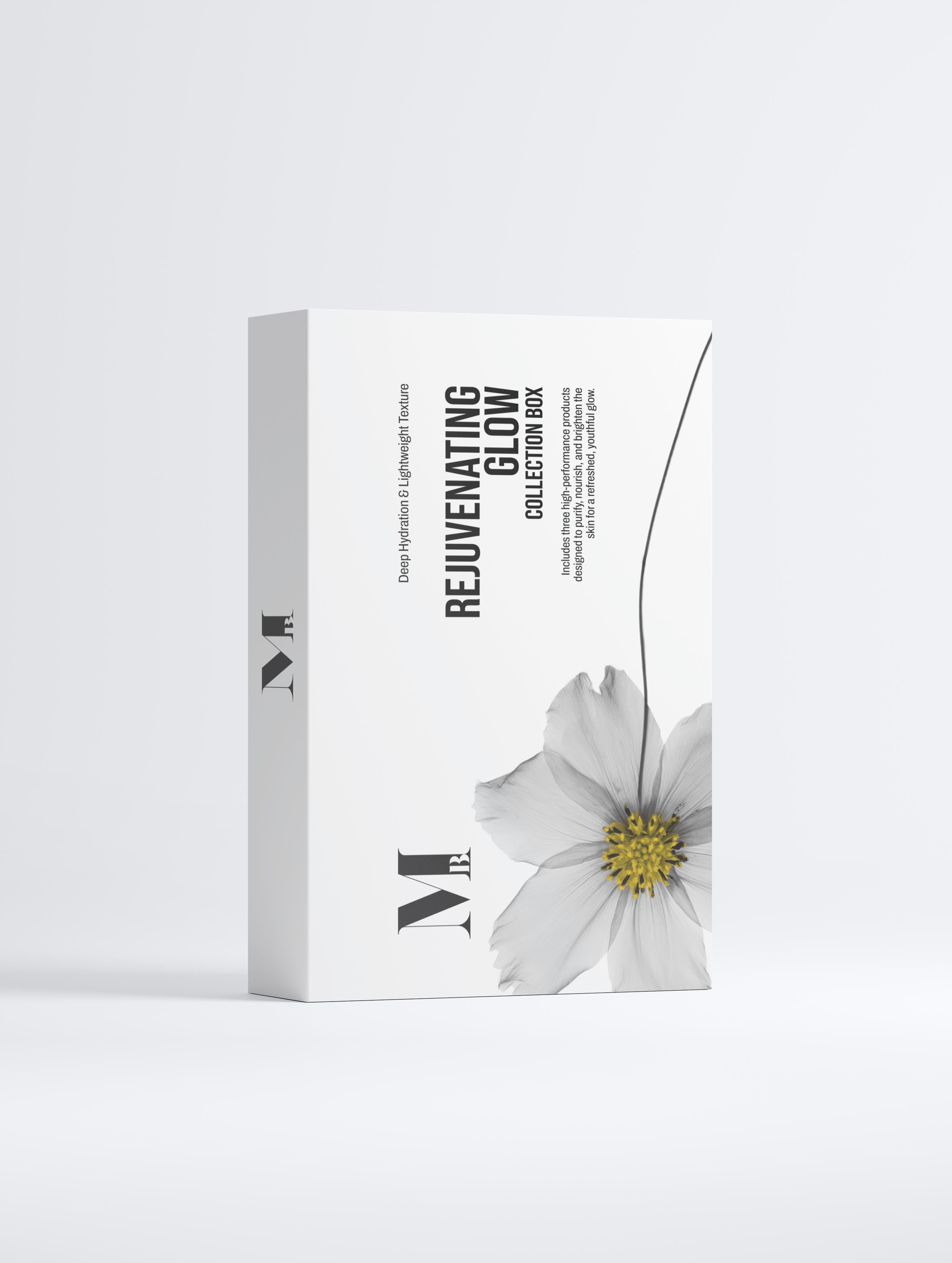 Product packaging with a white flower on a light gray background