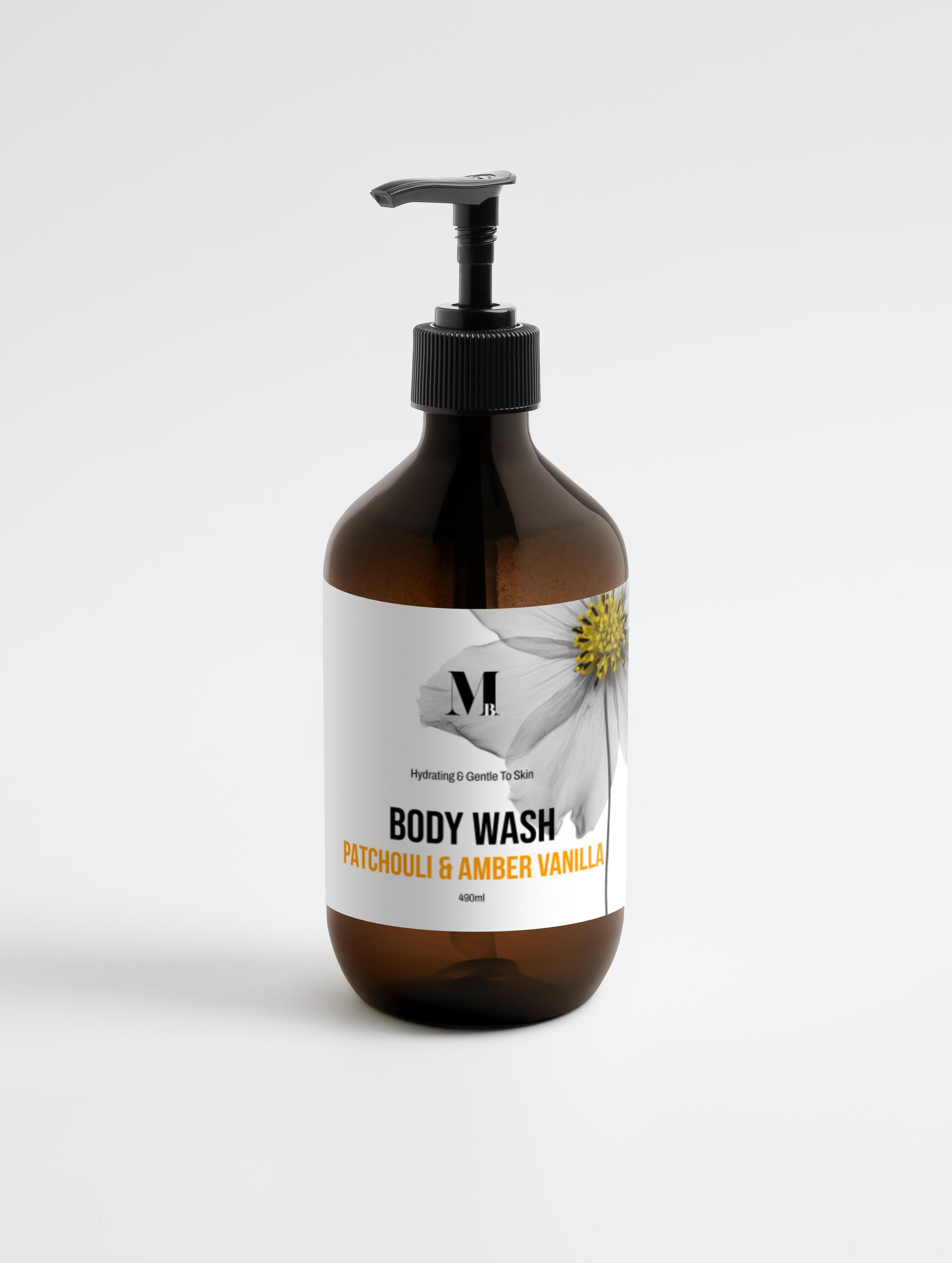 Body wash bottle with pump and label on a white background
