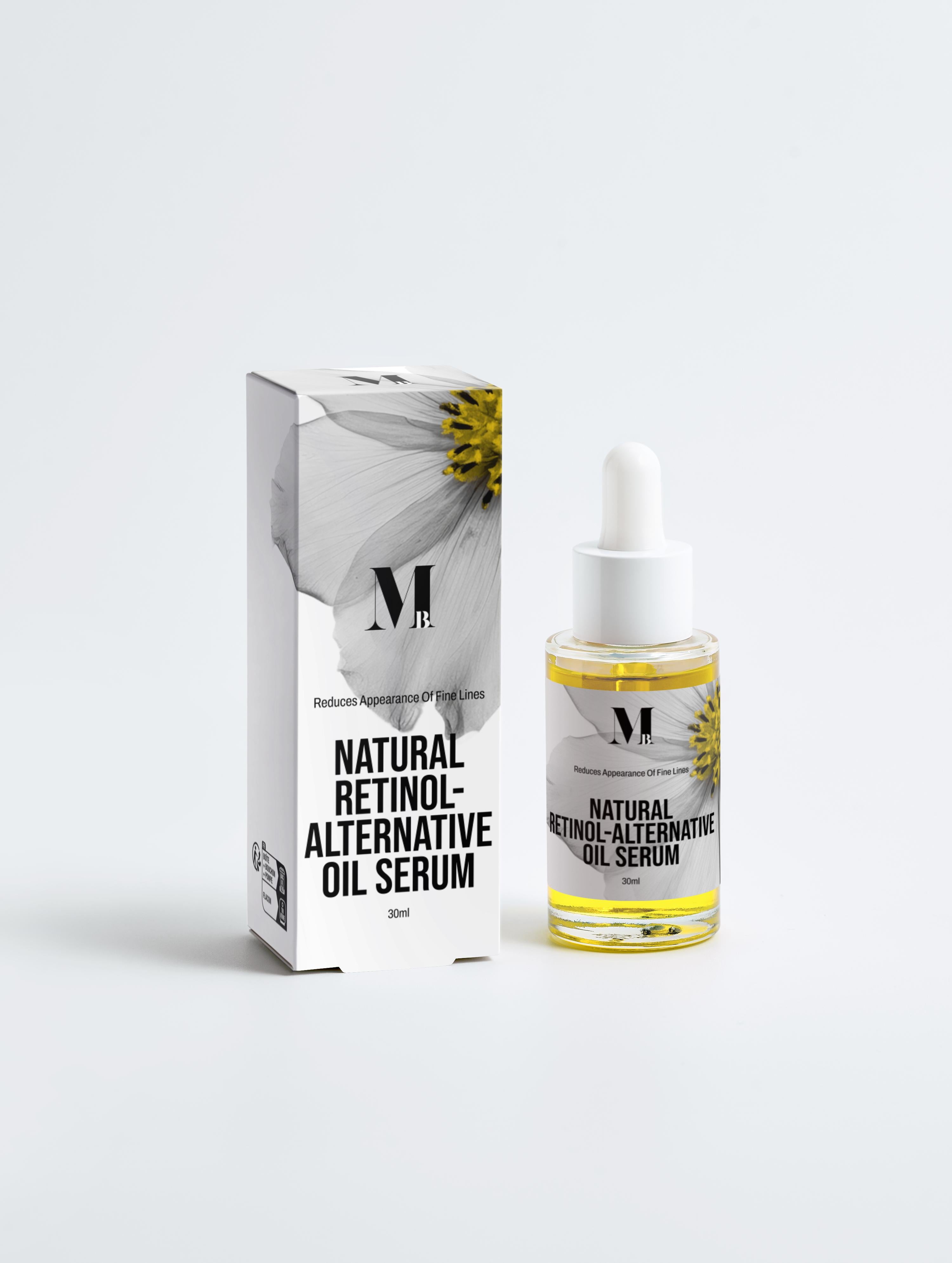 Bottle and box of a natural retinol alternative oil serum on a white background