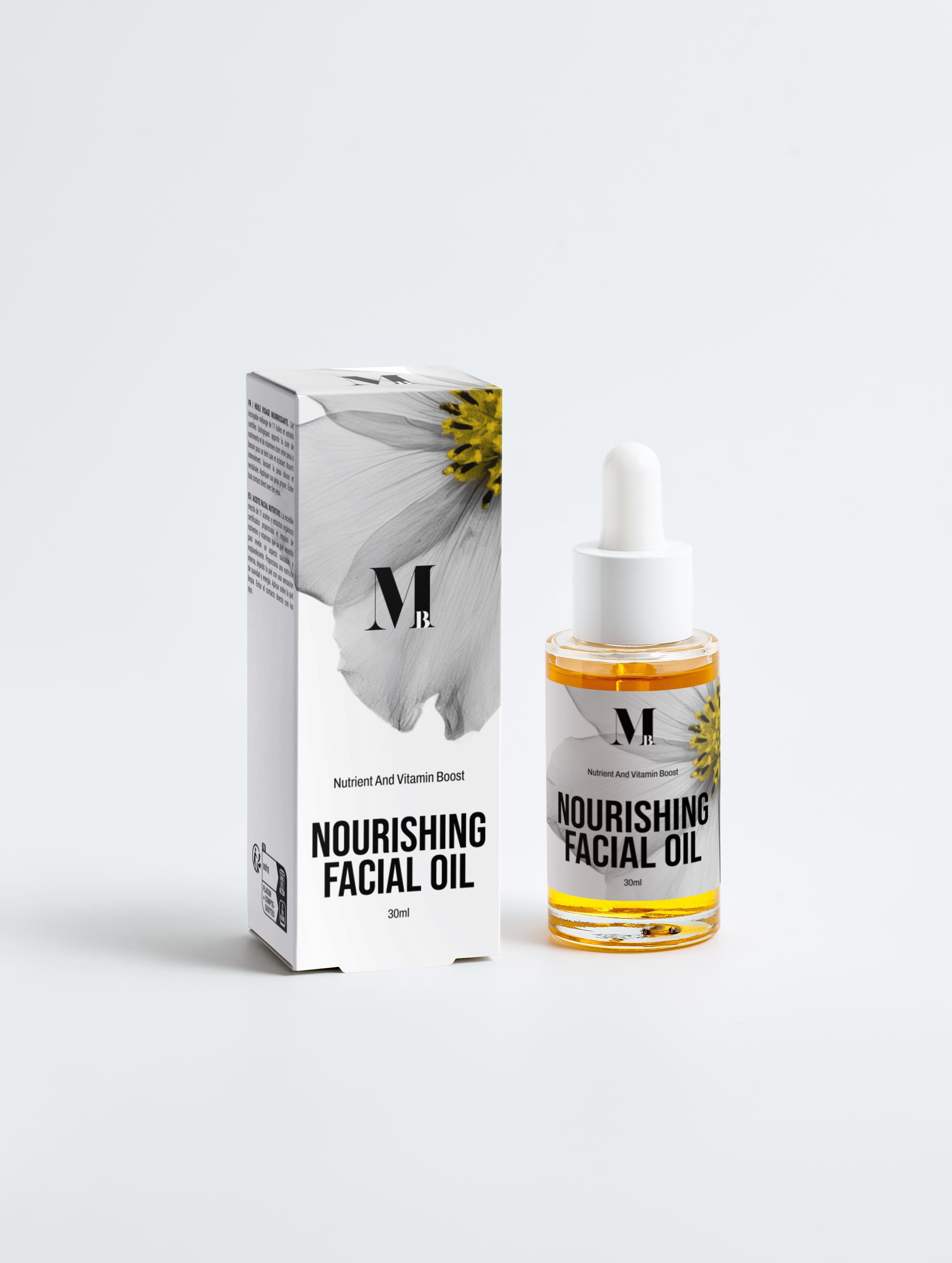 Nourishing facial oil bottle and packaging with a white background