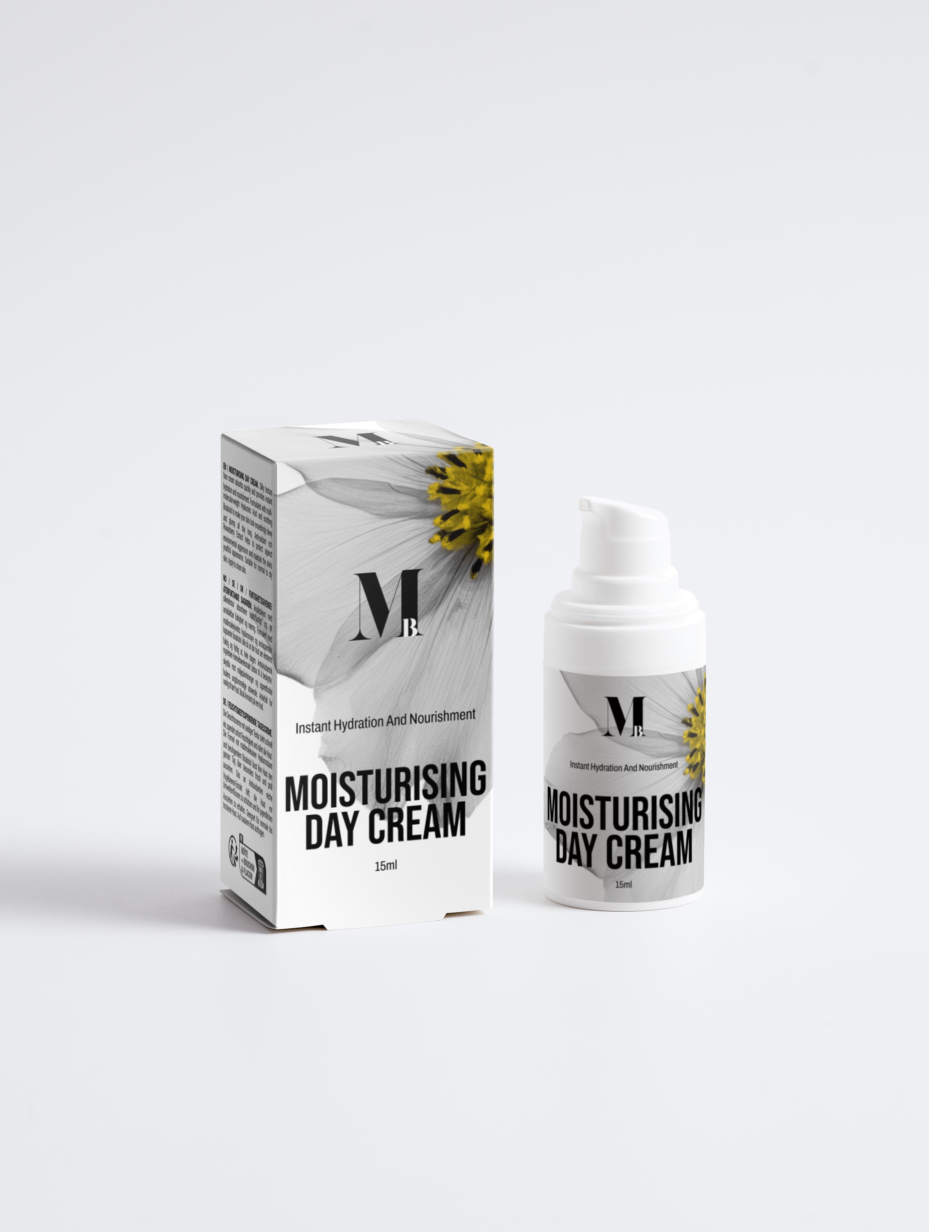 Moisturising day cream bottle and packaging on a white background
