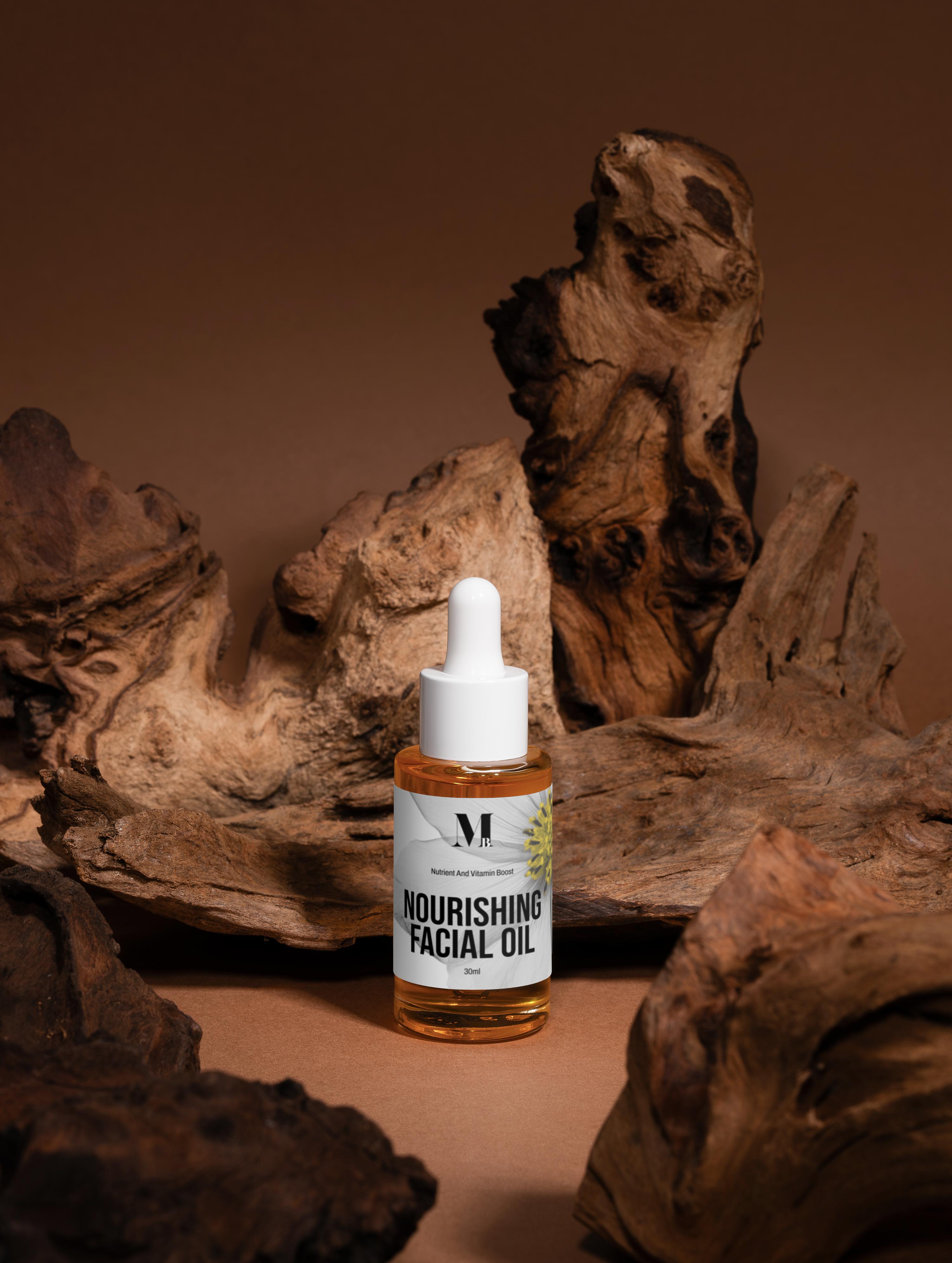Bottle of nourishing facial oil with a dropper on a brown background with wooden textures