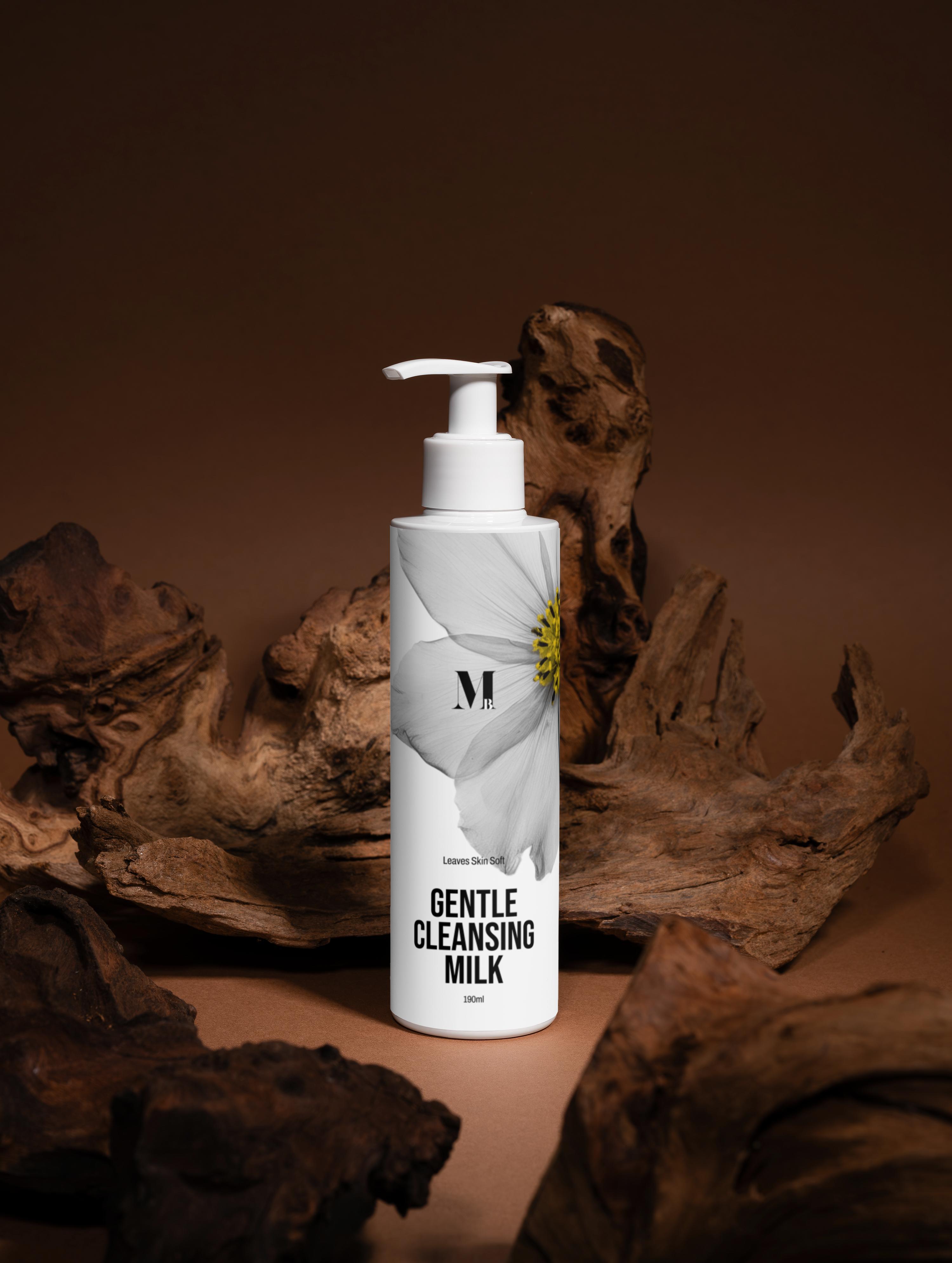 Gentle Cleansing Milk bottle with a white label against a brown background