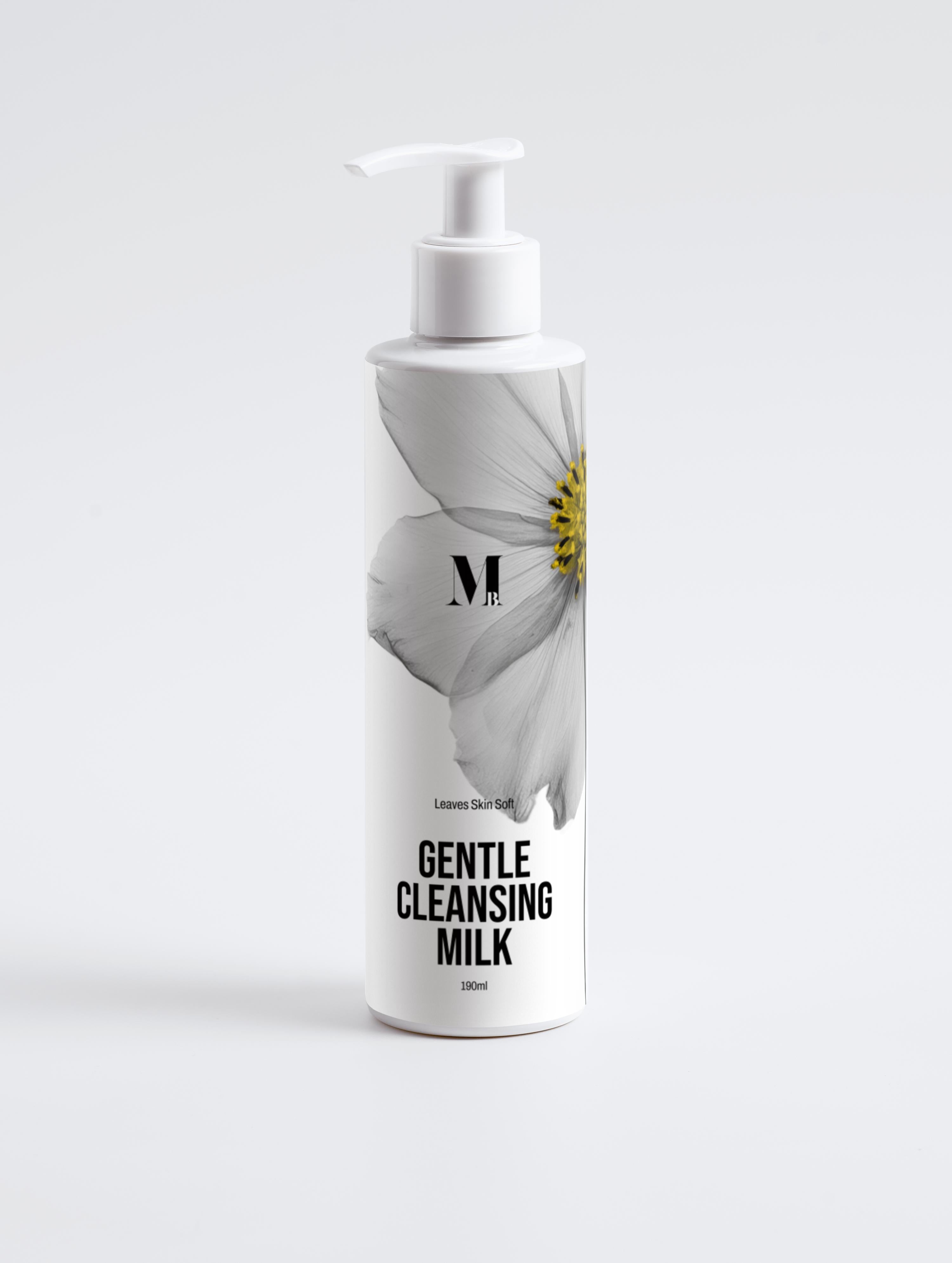 Bottle of gentle cleansing milk with a floral design on a light gray background