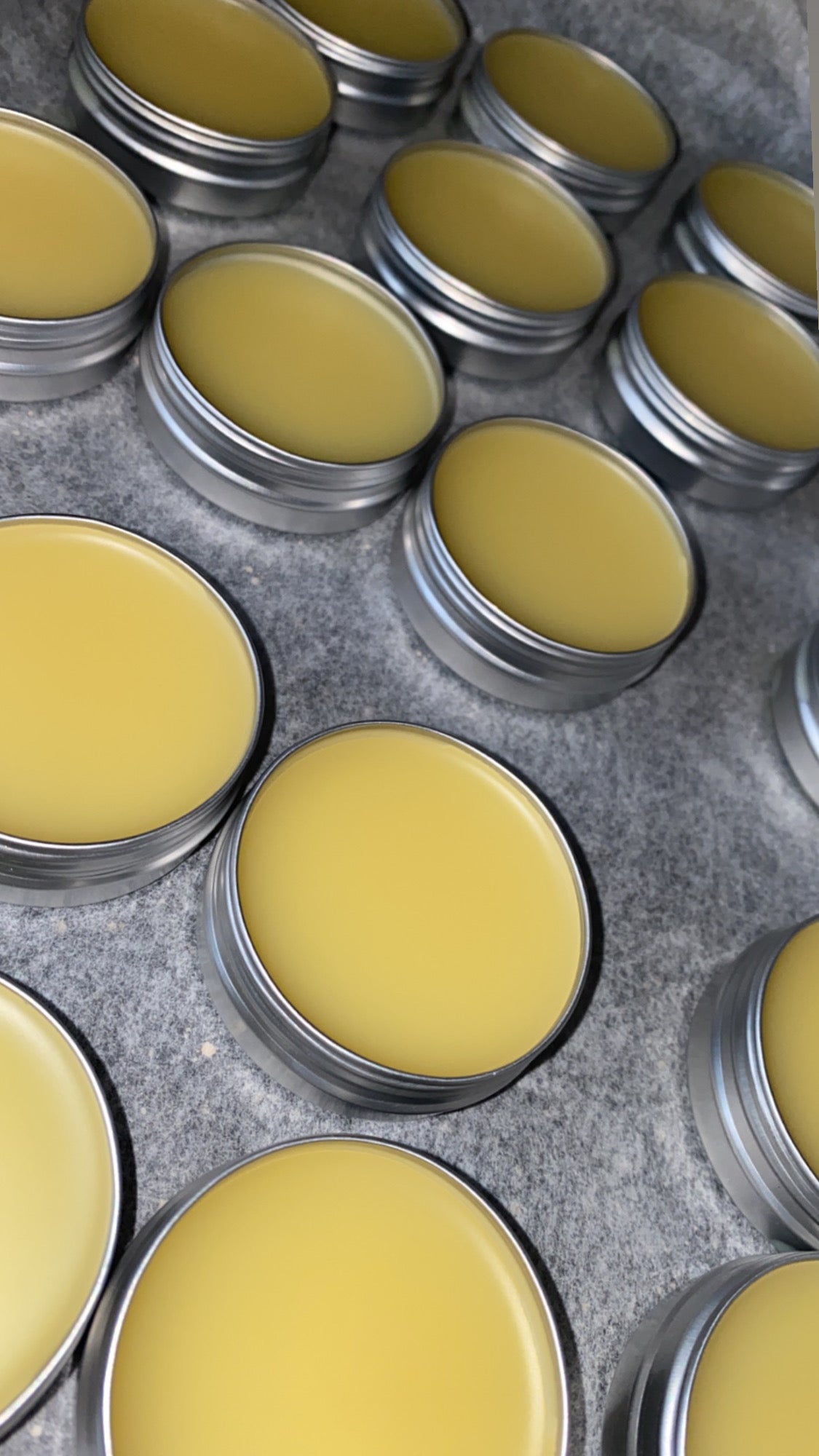 Multiple small metal tins with yellow contents on a gray surface