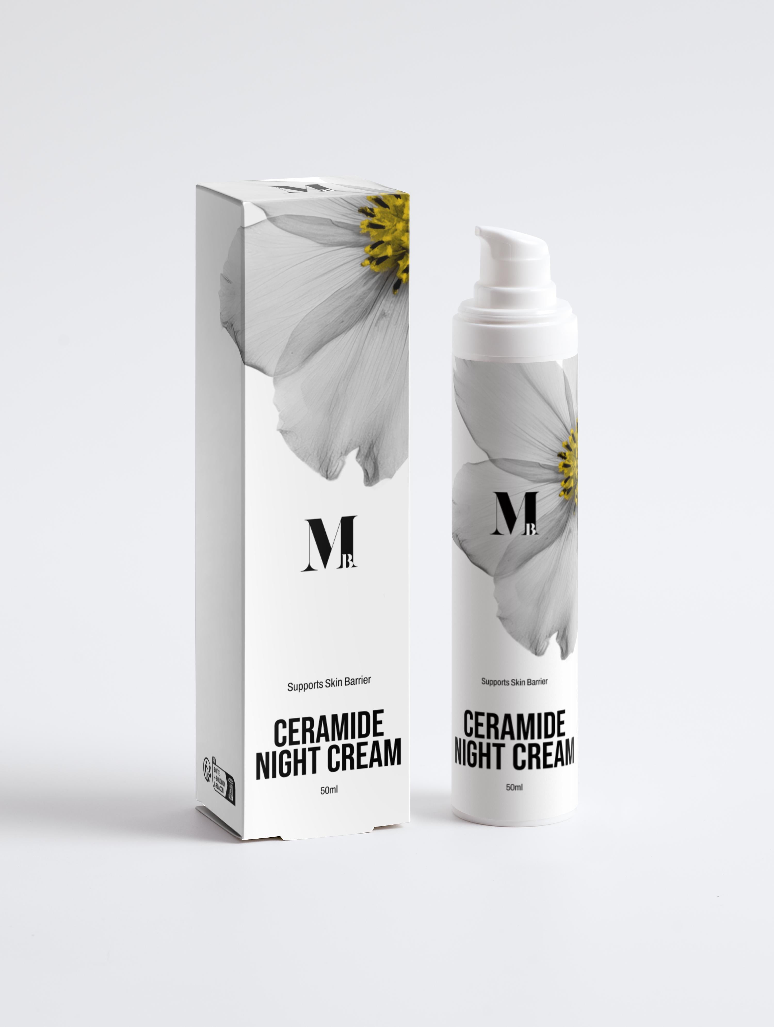 Ceramide night cream with packaging featuring a white flower design on a light gray background