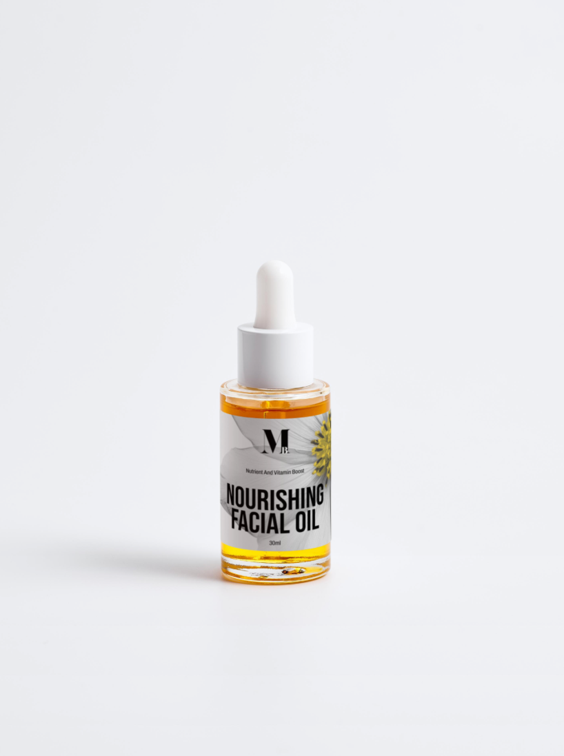 Bottle of nourishing facial oil on a white background