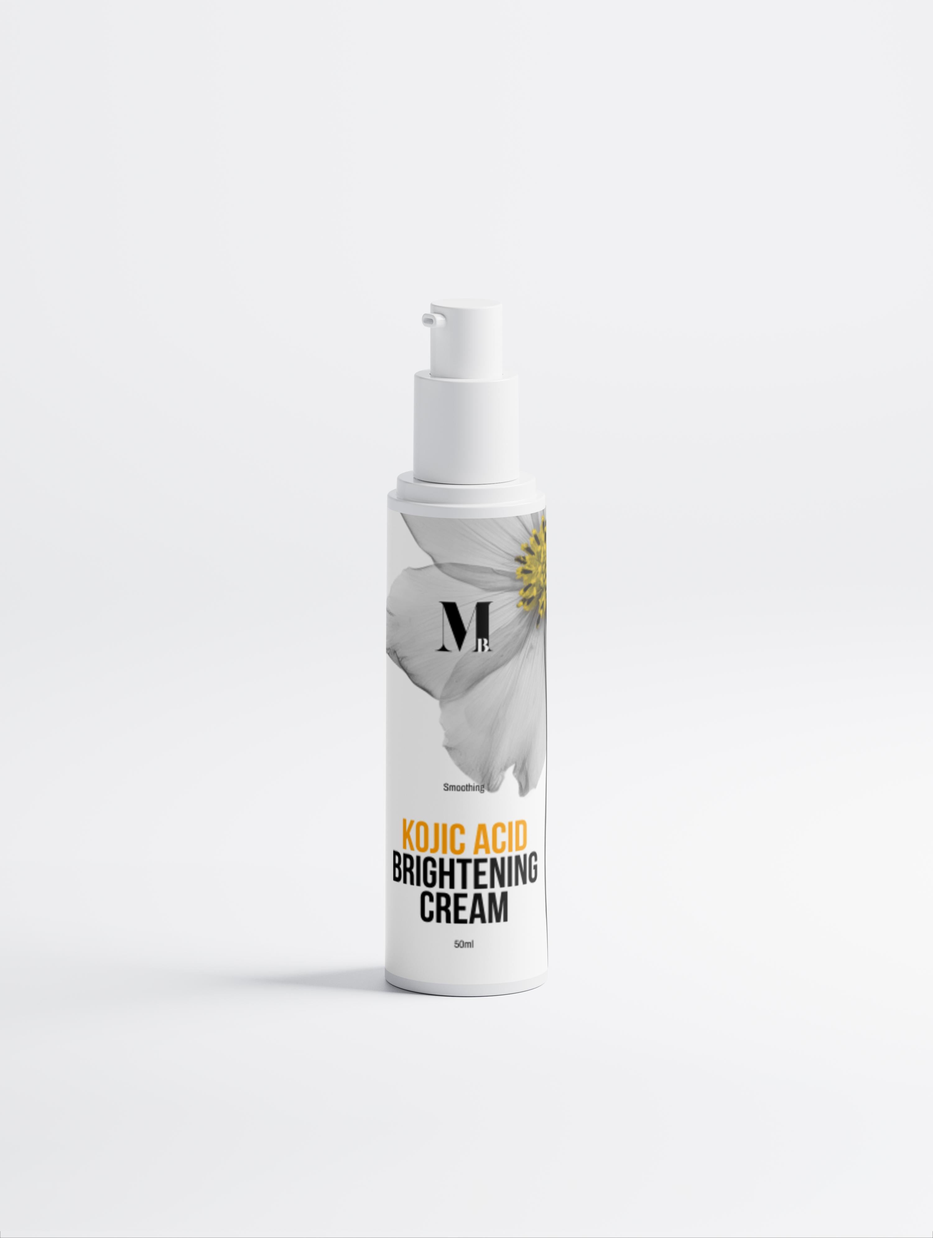 Bottle of kojic acid brightening cream on a white background
