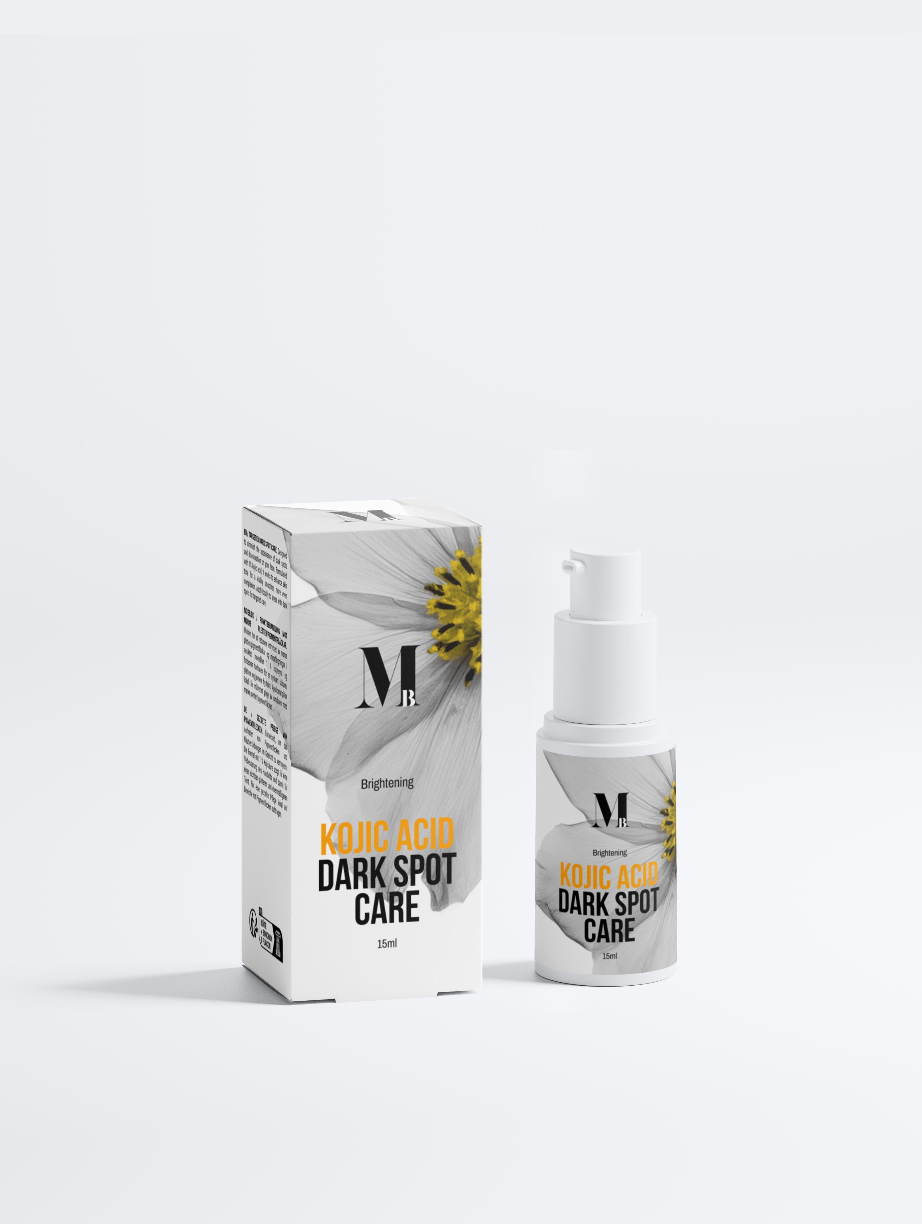 Kojic acid dark spot care product with packaging on a light gray background