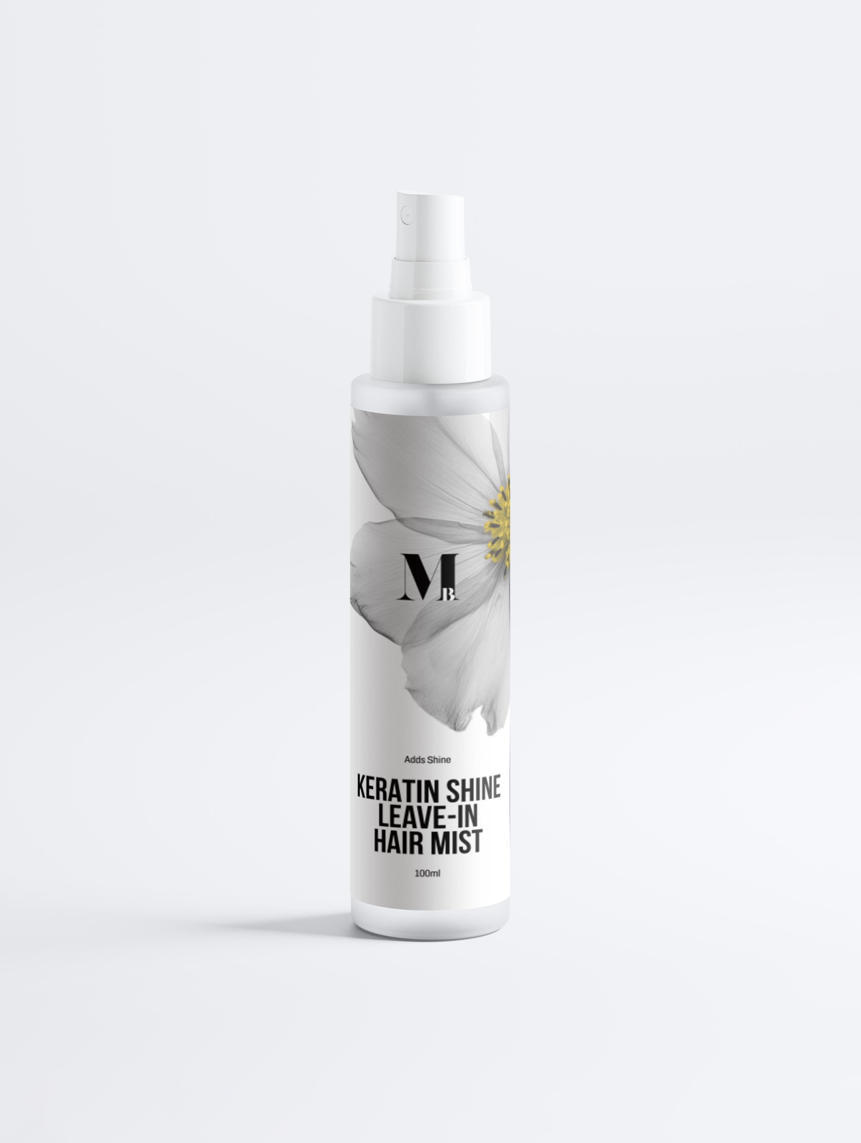 Keratin shine leave-in hair mist bottle on a white background